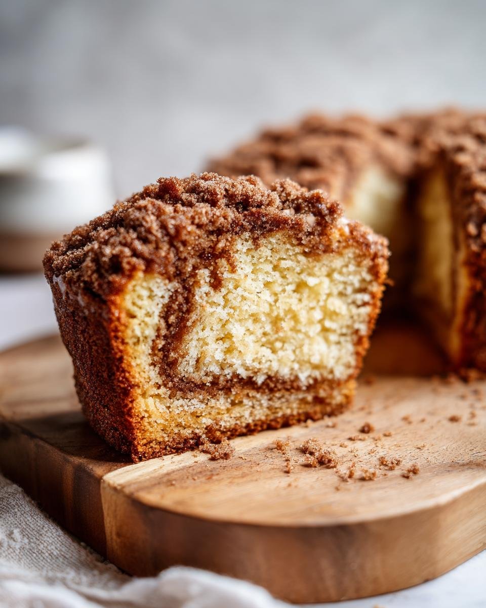 A close-up of a slice of Ultimate Sour Cream Coffee Cake with a cinnamon swirl and crumb topping.