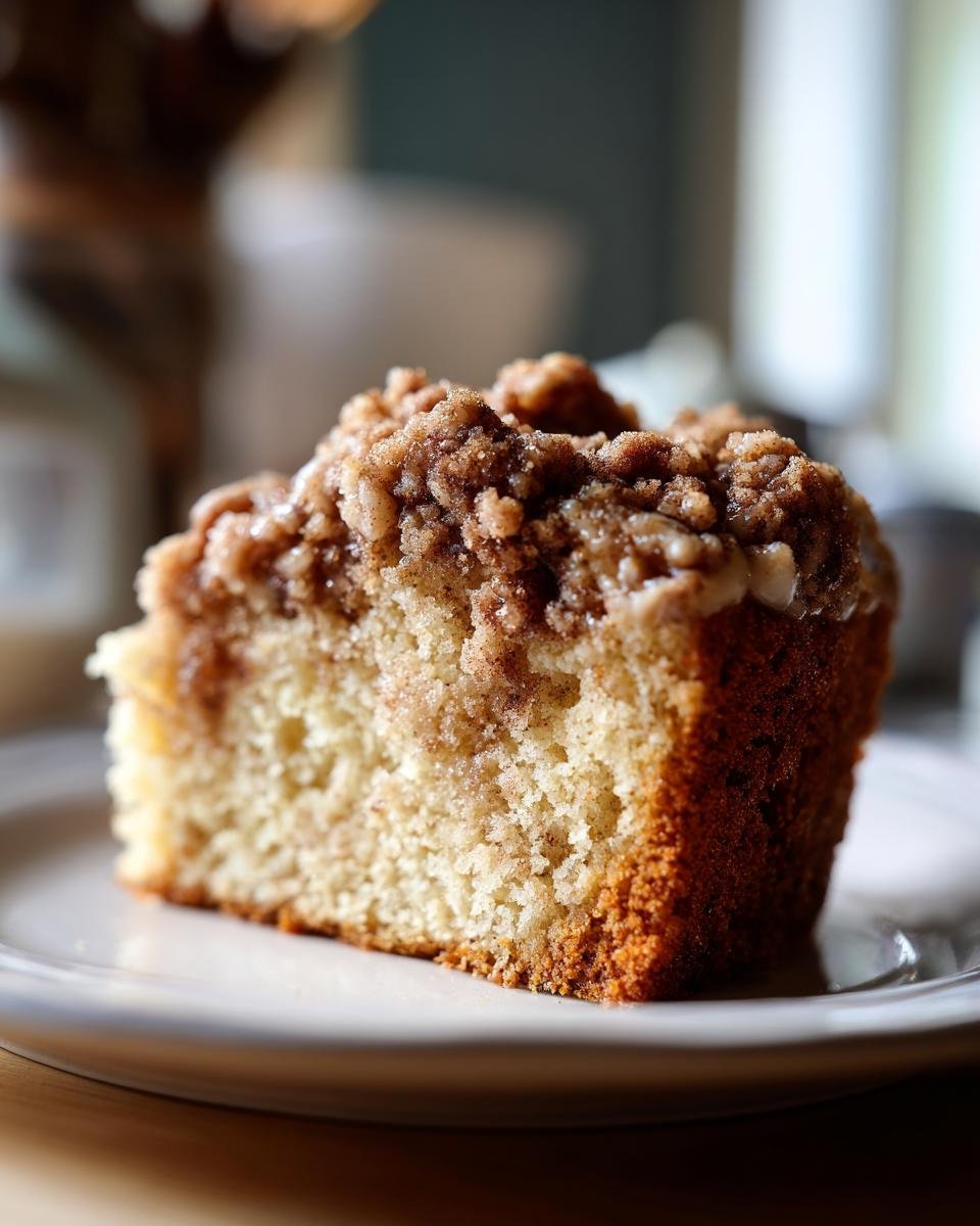 A delicious slice of Ultimate Sour Cream Coffee Cake with a crumb topping, ready to be enjoyed.