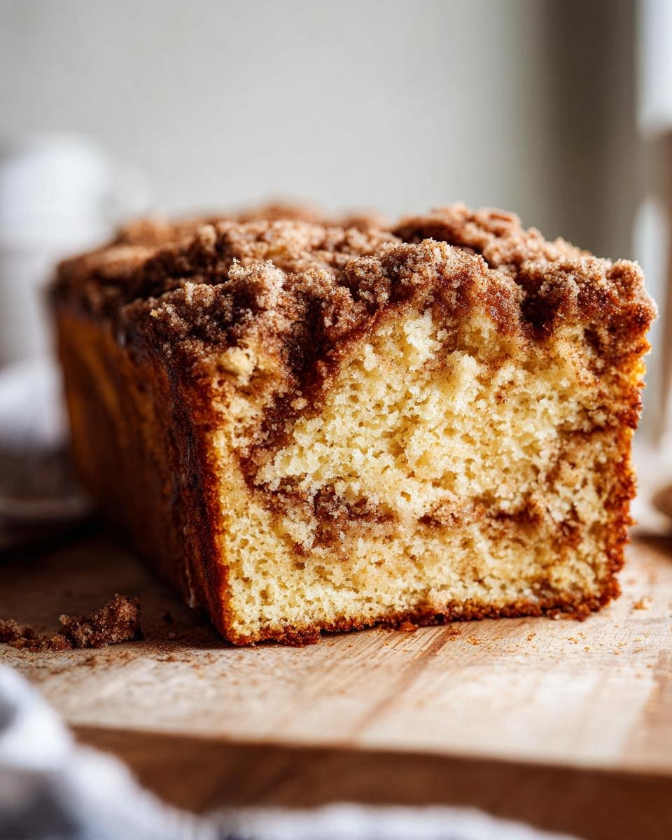 A slice of Ultimate Sour Cream Coffee Cake with a crumbly cinnamon topping on a wooden board.