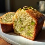 A close-up of a slice of Irresistible Vanilla Bean Pistachio Cake, showcasing vibrant green pistachios within the crumb and on top.