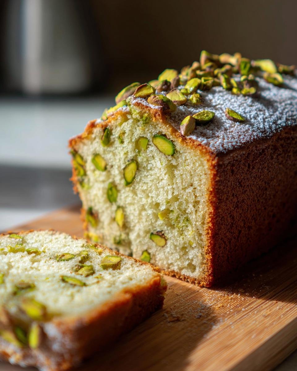 A slice of Irresistible Vanilla Bean Pistachio Cake, topped with pistachios and powdered sugar, on a wooden board.