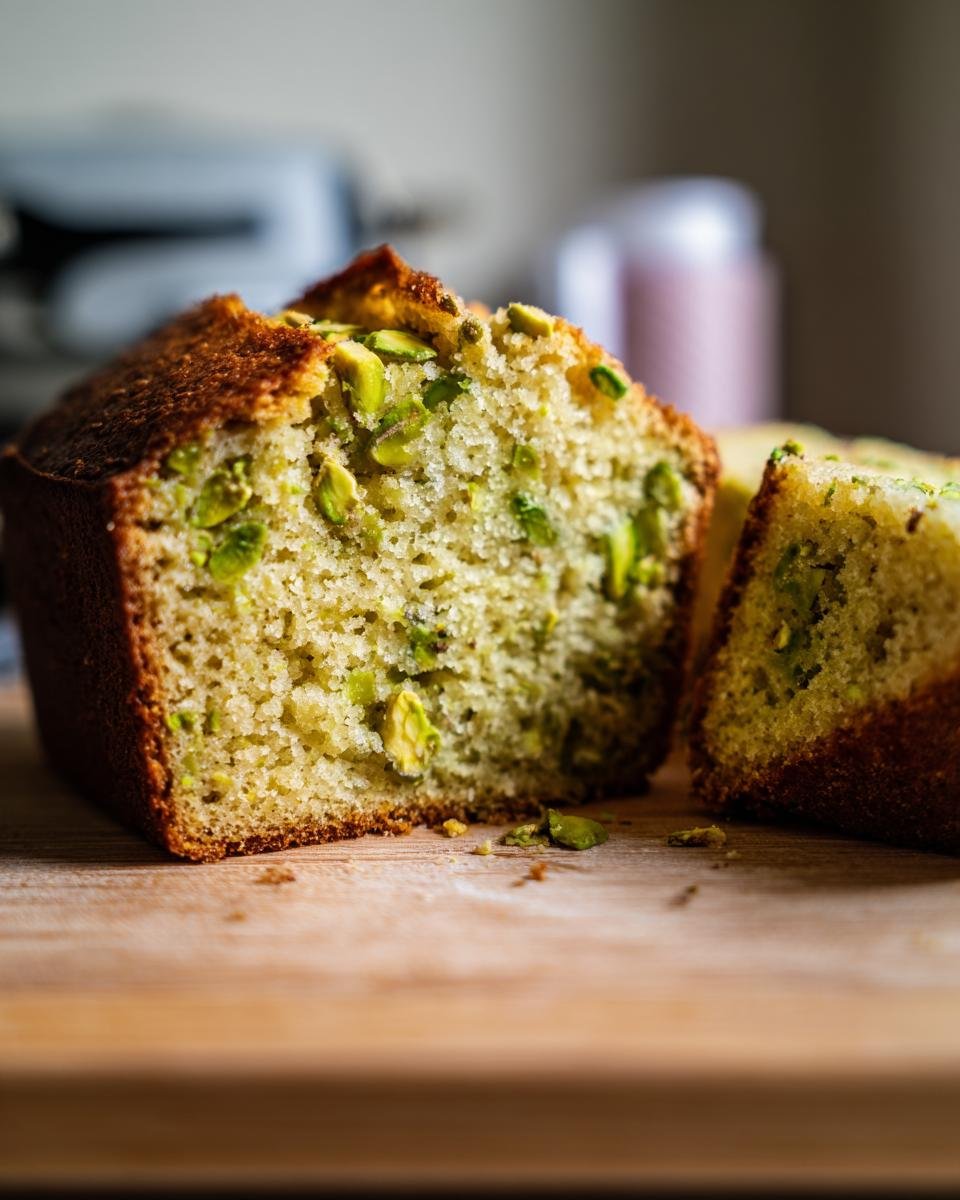 A close-up of a slice of Irresistible Vanilla Bean Pistachio Cake, revealing chunks of green pistachios within the golden crumb.