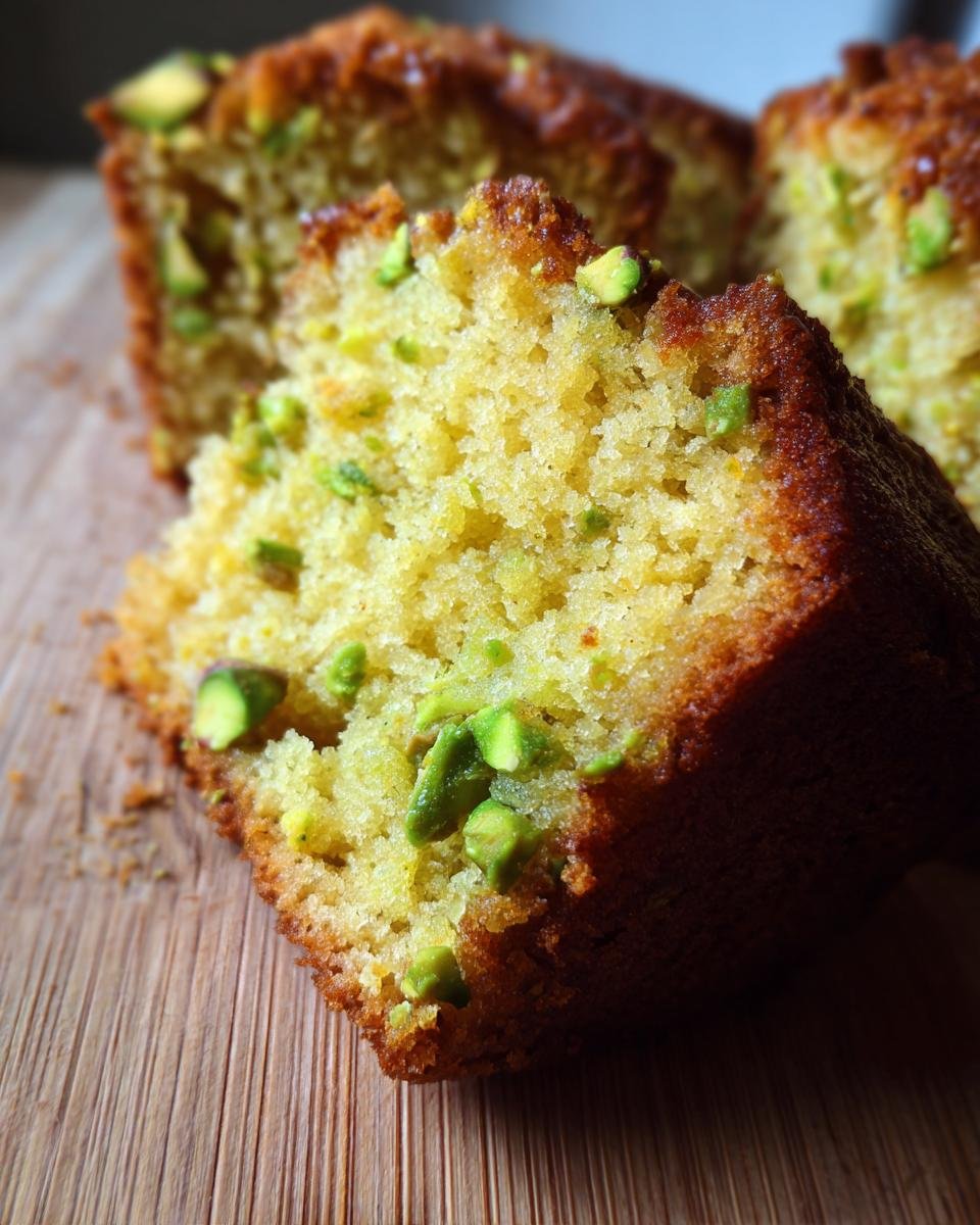 Close-up of a slice of Irresistible Vanilla Bean Pistachio Cake, showcasing its moist crumb and vibrant green pistachios.
