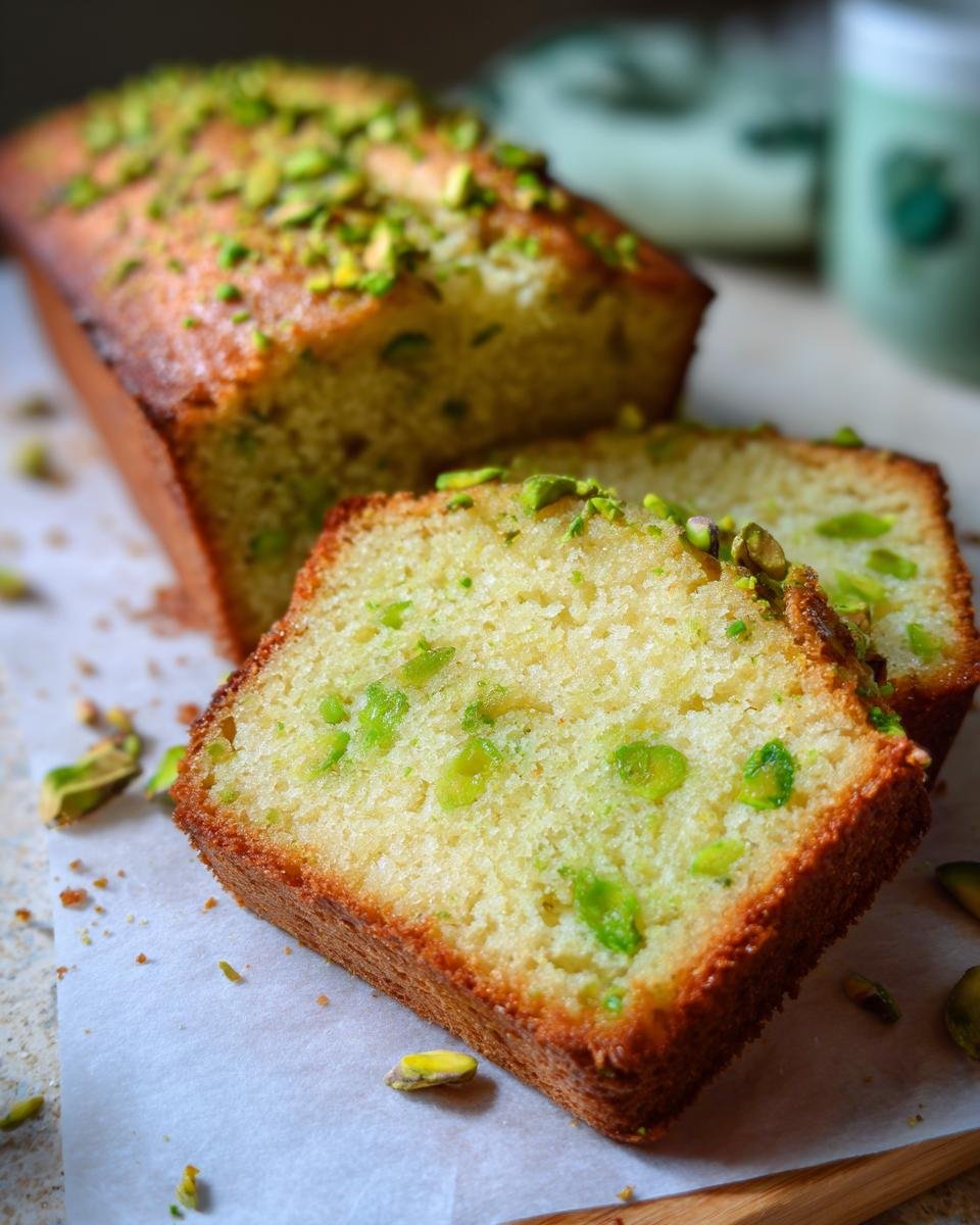 Close-up of moist slices from an Irresistible Vanilla Bean Pistachio Cake, topped with chopped pistachios.