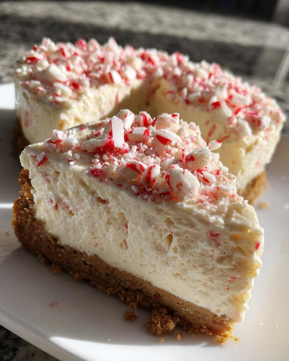 A slice of Irresistible White Chocolate Peppermint Cheesecake Mousse Pie topped with crushed candy canes.