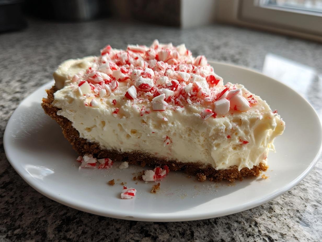 A slice of Irresistible White Chocolate Peppermint Cheesecake Mousse Pie topped with crushed candy canes.