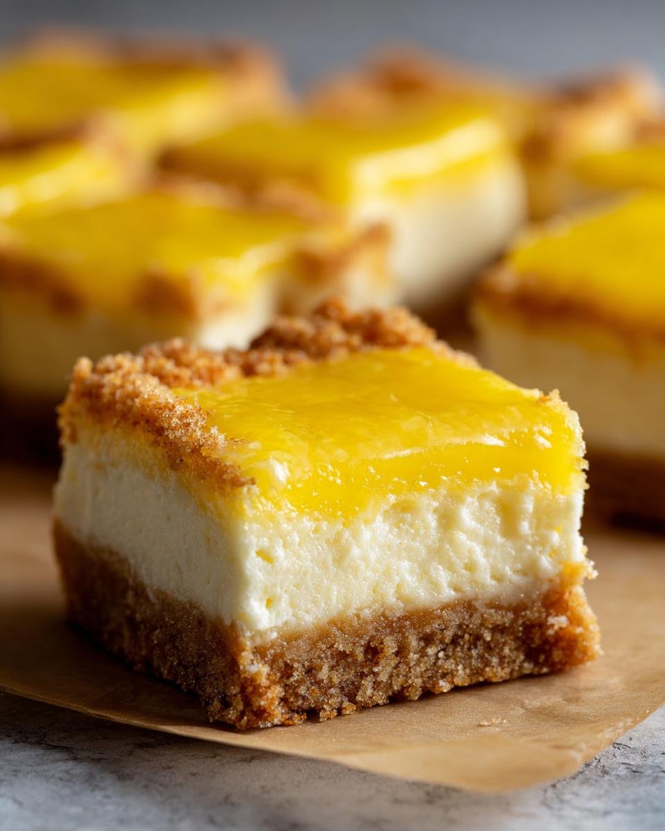 A close-up of a Zesty Lemon Cream Cheese Bar, showcasing its creamy filling, crumbly crust, and bright lemon topping.