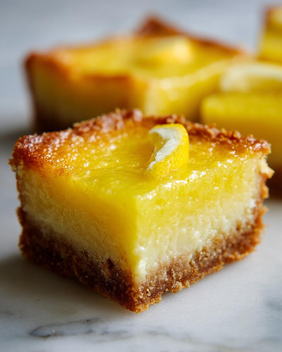 A close-up of a Zesty Lemon Cream Cheese Bar, showcasing its creamy filling and graham cracker crust, topped with a lemon slice.