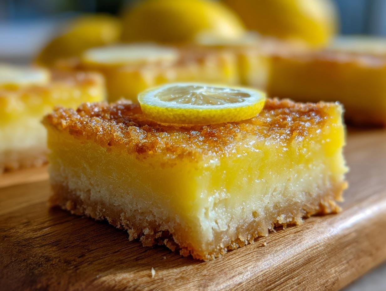 A close-up of a Zesty Lemon Cream Cheese Bar, topped with a thin lemon slice and a crumbly crust.