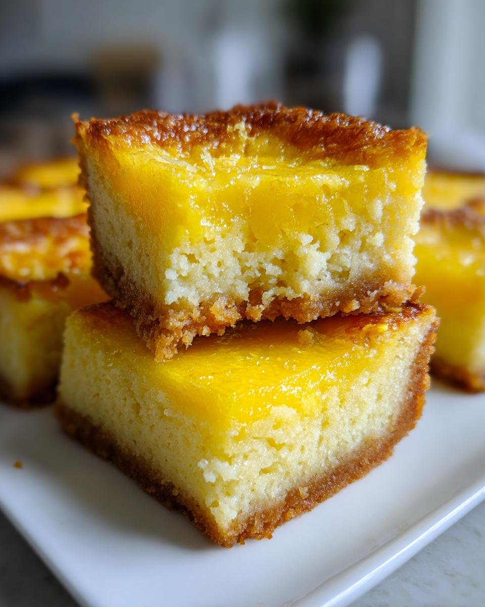 A close-up of Zesty Lemon Cream Cheese Bars stacked on a white plate, showcasing the bright yellow topping and creamy texture.