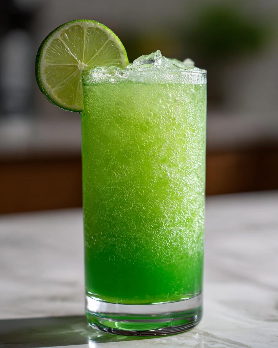 A vibrant green Alligator Cerveau cocktail in a tall glass, garnished with a lime wheel and filled with crushed ice and bubbles.