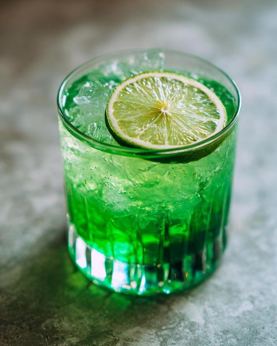 A vibrant green Alligator Cerveau cocktail served over ice with a lime wheel garnish.