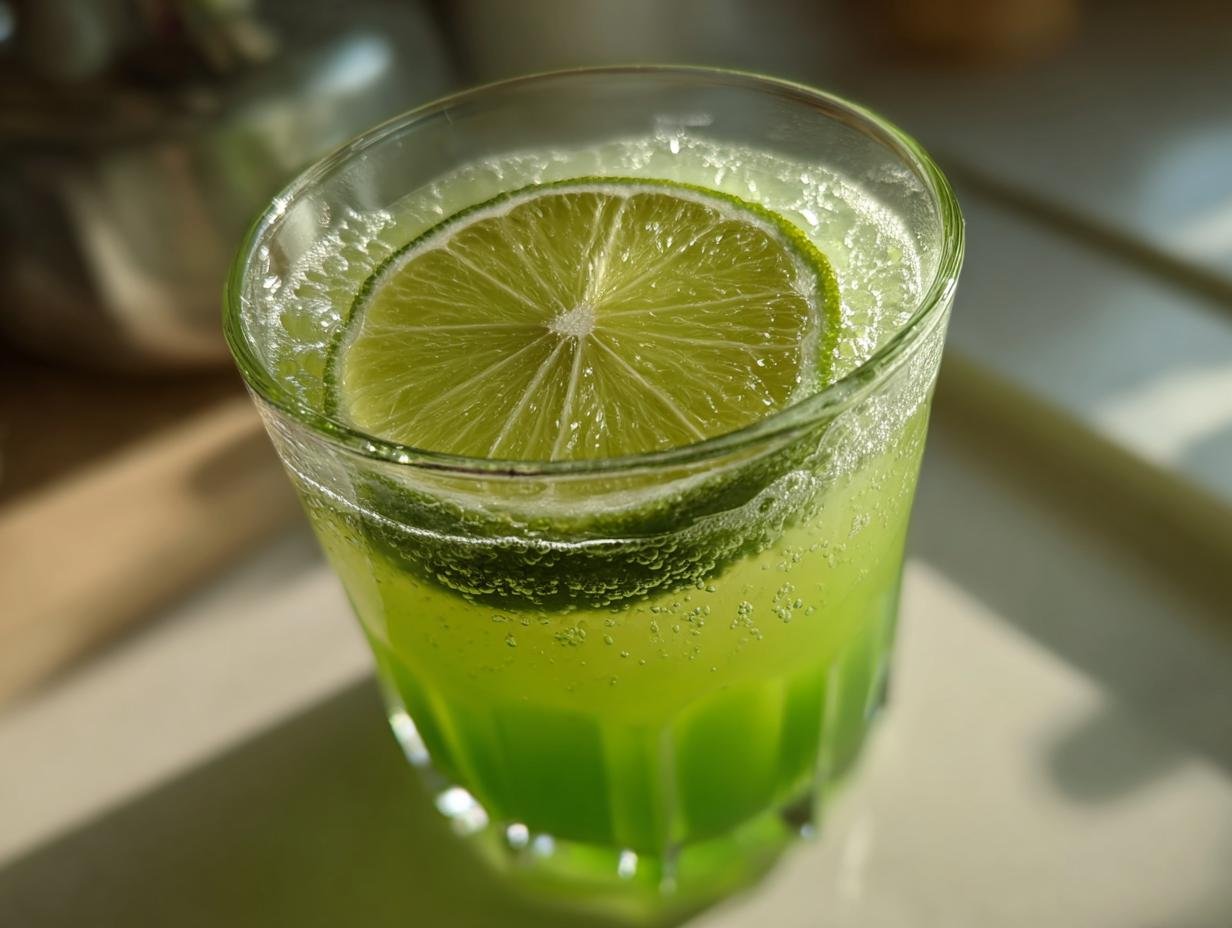 A vibrant green Alligator Cerveau cocktail garnished with two lime slices and effervescent bubbles.