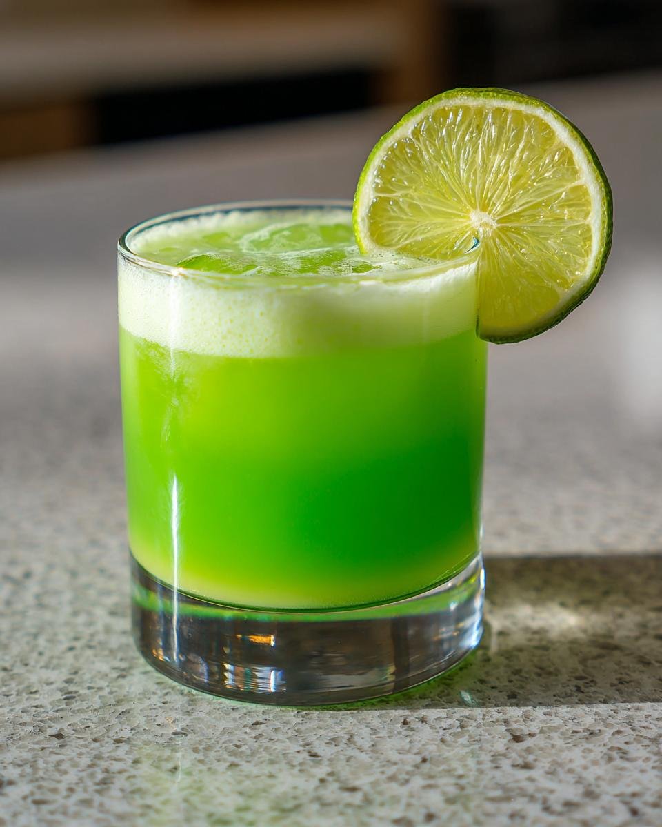 A vibrant green Alligator Cerveau Vert cocktail in a rocks glass, garnished with a lime wheel.