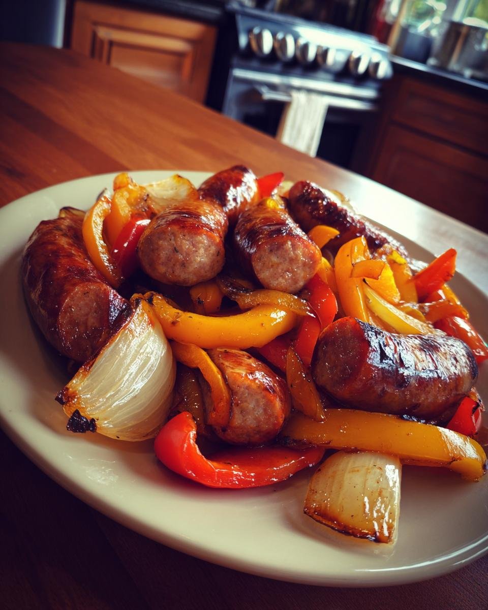 Close-up of a plate piled high with cooked Andouille sausage with peppers and onions.