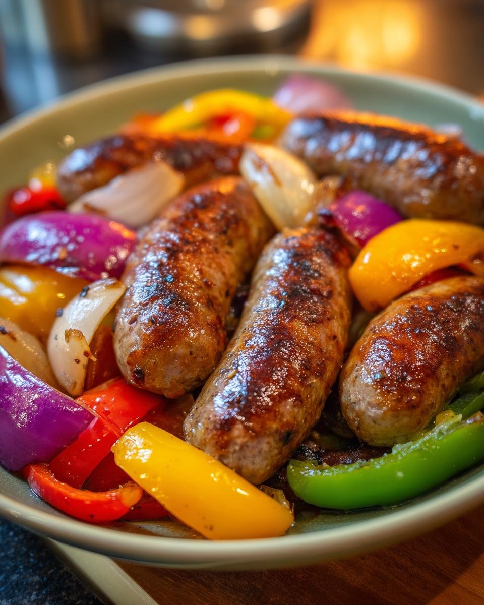 A close-up shot of a bowl filled with cooked Andouille sausage with peppers and onions.