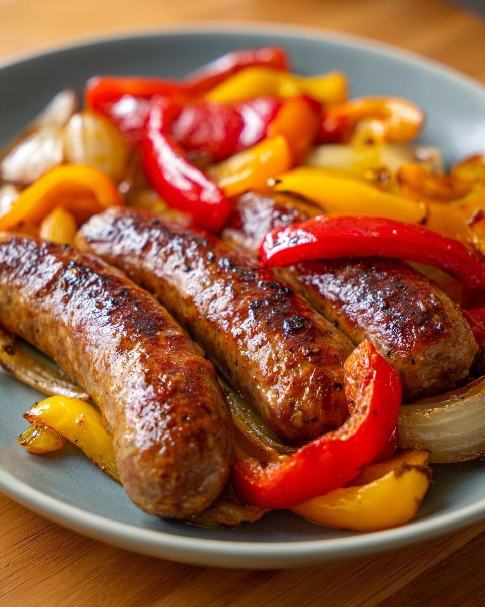 Close-up of juicy Andouille Sausage With Peppers and onions, roasted to perfection on a grey plate.