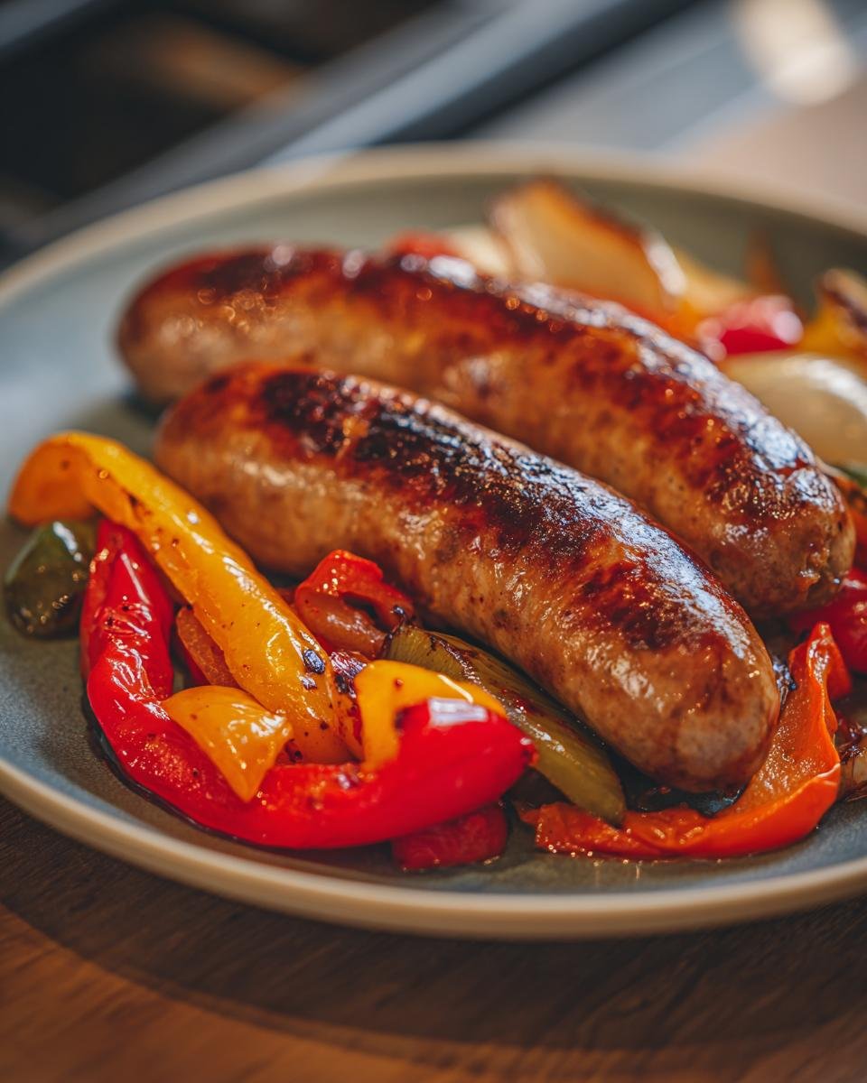 Two juicy Andouille sausages served with colorful roasted bell peppers on a plate.