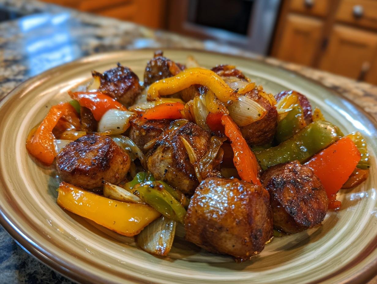 A close-up of a plate filled with glistening Andouille Sausage With Peppers and onions, cooked to perfection.