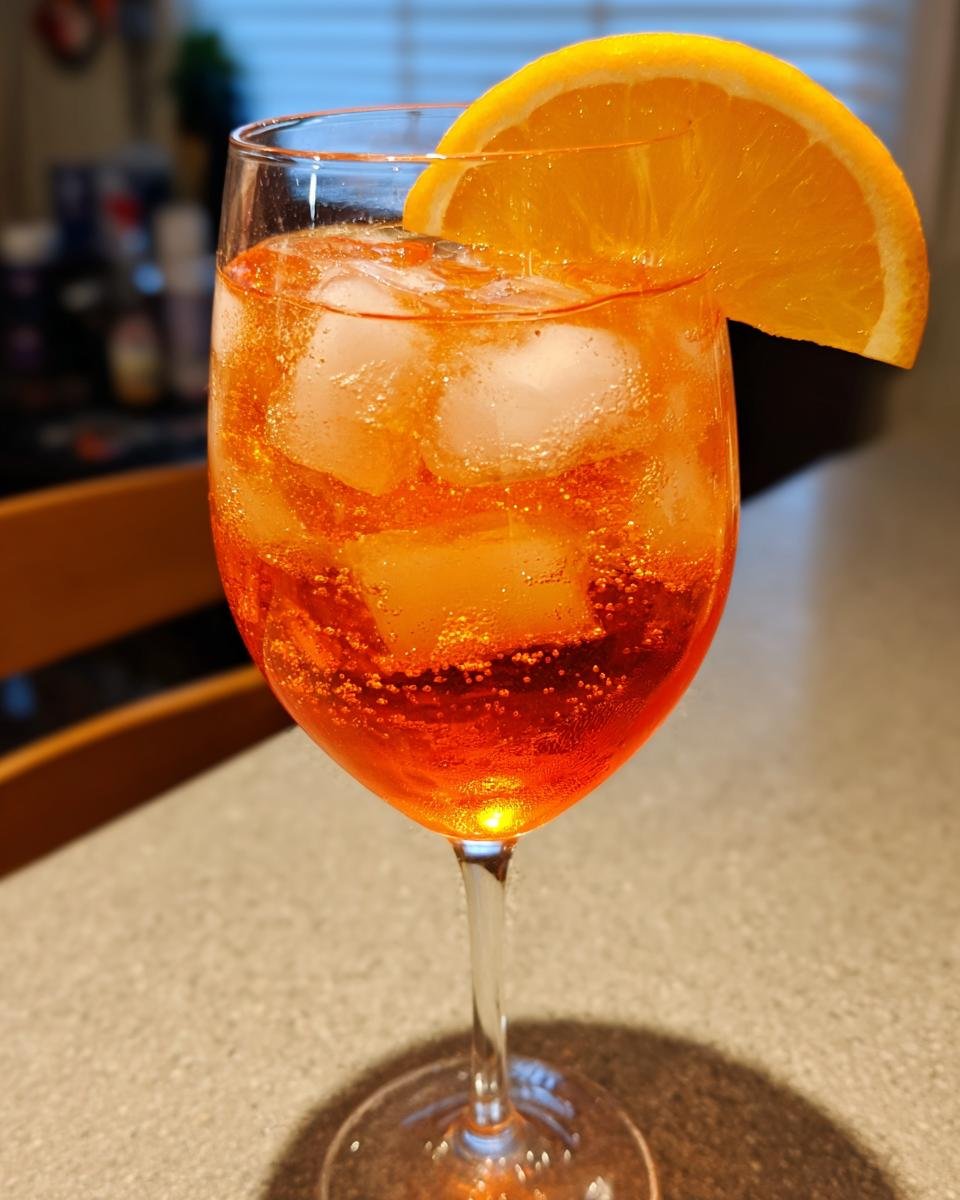 A close-up of a vibrant orange Aperol cocktail in a wine glass, filled with ice and garnished with an orange slice.