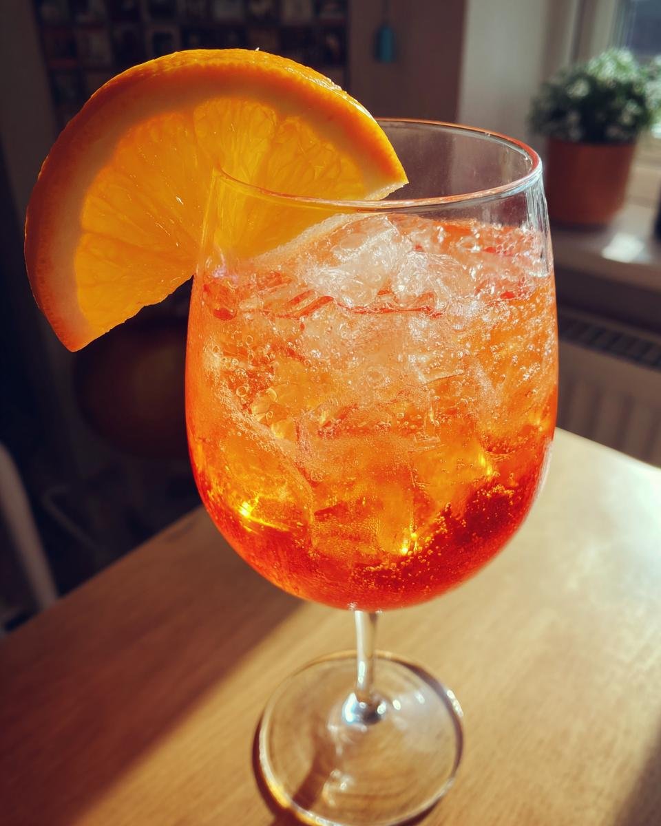 A close-up of a vibrant orange Aperol cocktail in a wine glass, filled with ice and garnished with an orange slice.