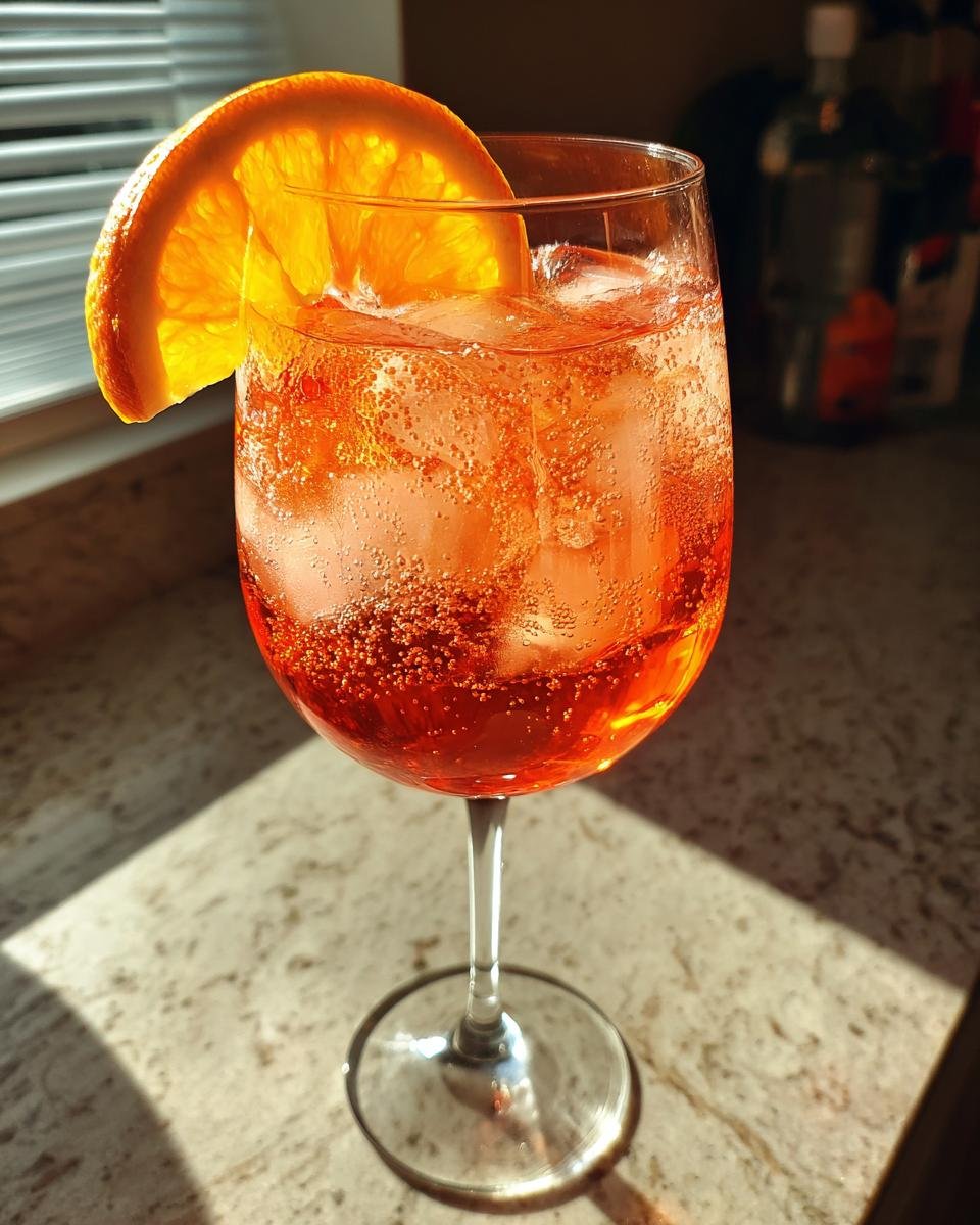 A close-up of a chilled Aperol cocktail in a wine glass, garnished with an orange slice and filled with ice and bubbles.