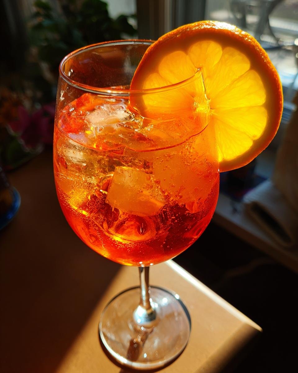 A vibrant Aperol cocktail with ice and an orange slice garnish, perfect for summer.