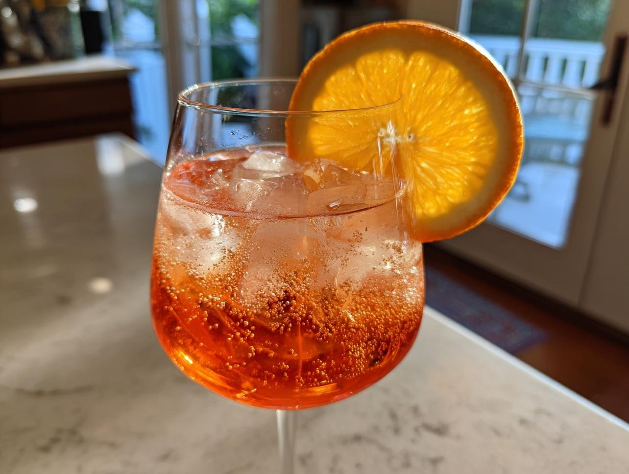 A close-up of a vibrant orange Aperol cocktail in a wine glass, filled with ice and garnished with a bright orange slice.