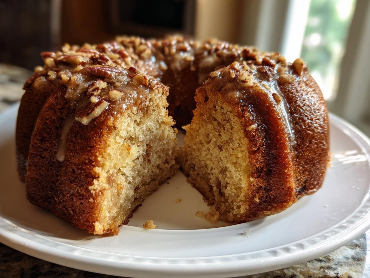A slice cut from a golden Apple Pie Bundt Cake topped with a sticky pecan glaze, served on a white plate.