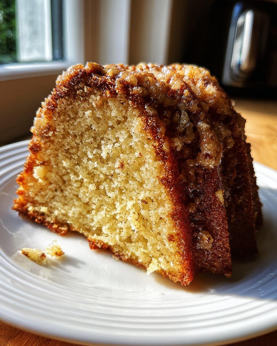 A moist slice of Apple Pie Bundt Cake with a rich, caramelized nut topping on a white plate.