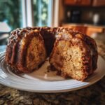 A slice cut from a moist Apple Pie Bundt Cake topped with a thick caramel glaze.