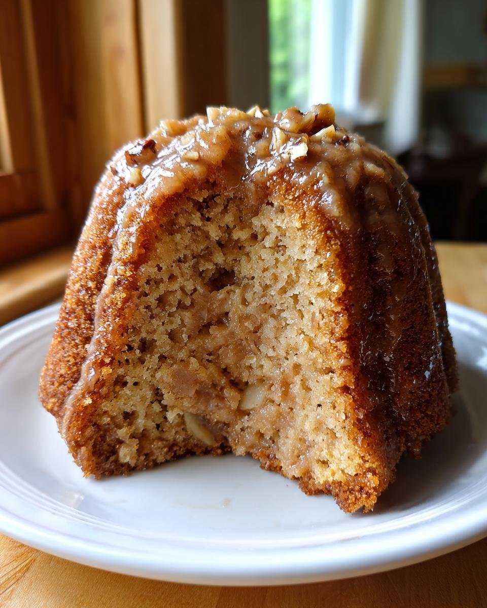 Close-up of a slice taken from an Apple Pie Bundt Cake, showing moist interior with apple chunks and a pecan glaze topping.