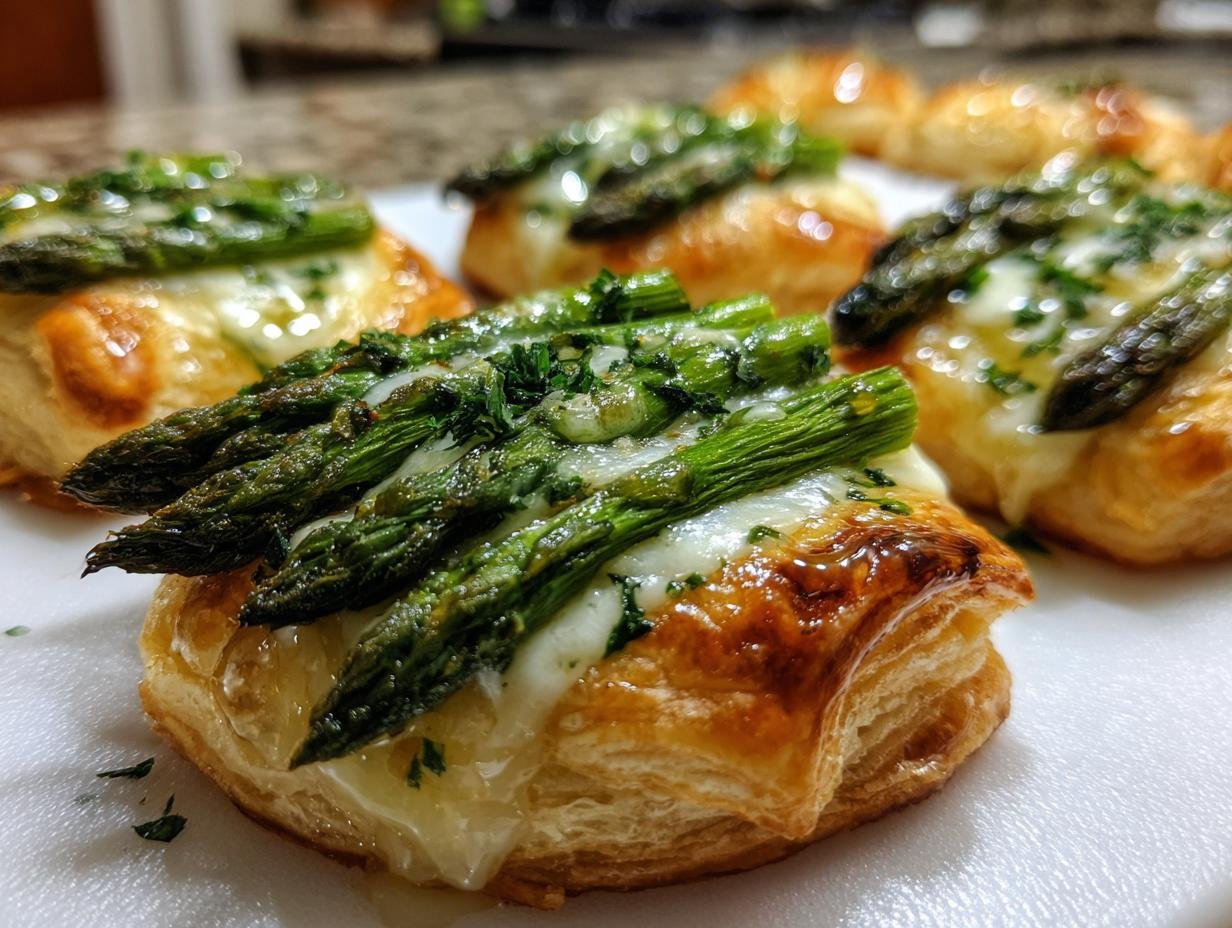 Close-up of golden-brown Asparagus Mozzarella Puff Pastry bites topped with fresh asparagus and melted cheese.