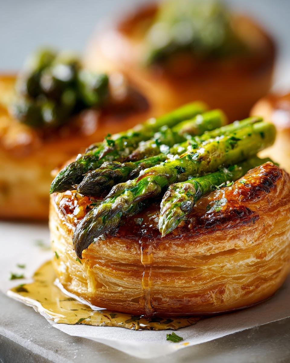 A golden puff pastry tart topped with fresh asparagus spears and drizzled with herb honey.
