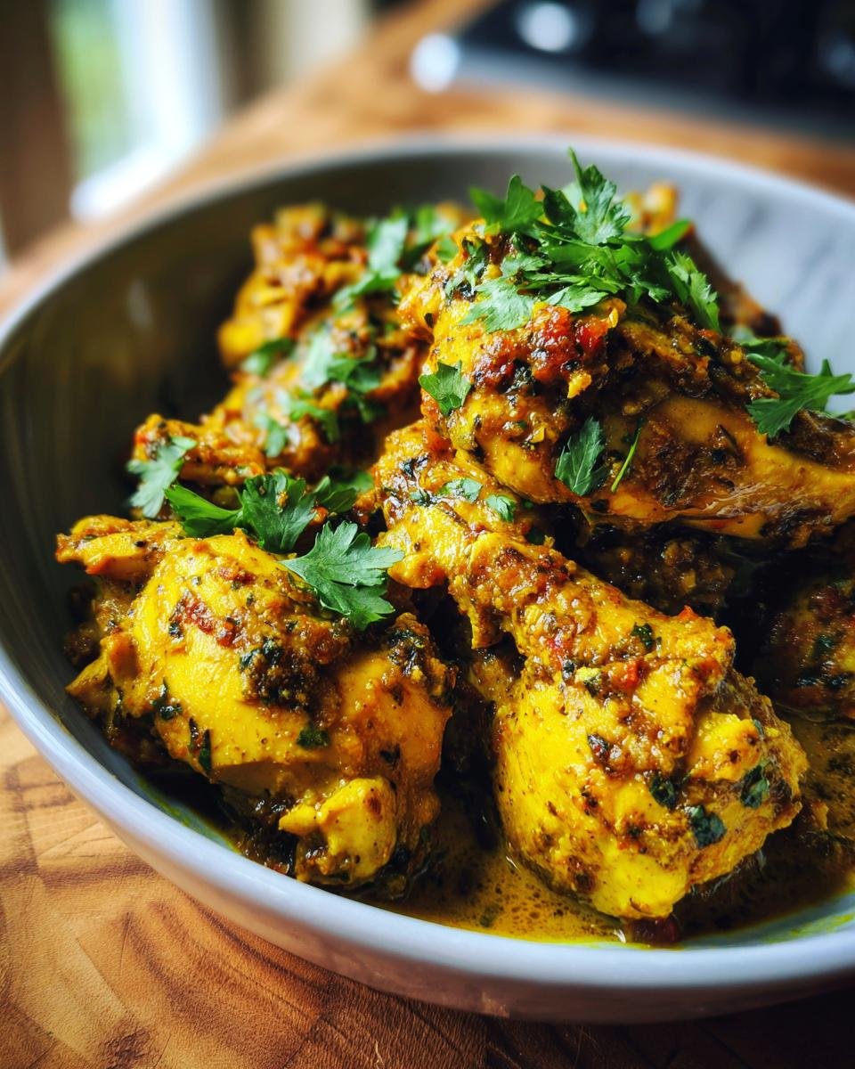 Close-up of Authentic Jamaican Curry Chicken pieces in a bowl, garnished with fresh parsley.