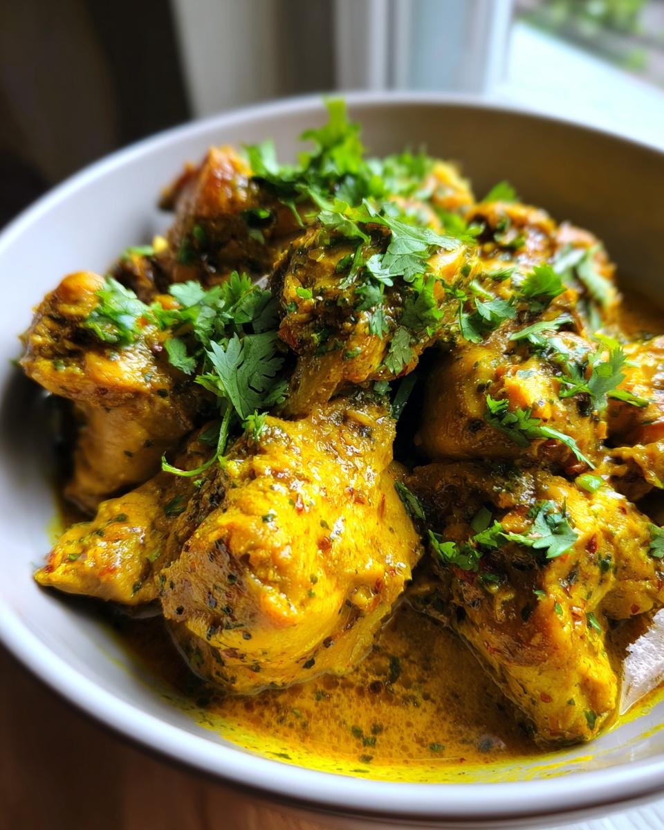 Close-up of Authentic Jamaican Curry Chicken, tender pieces in a rich yellow curry sauce, garnished with fresh cilantro.