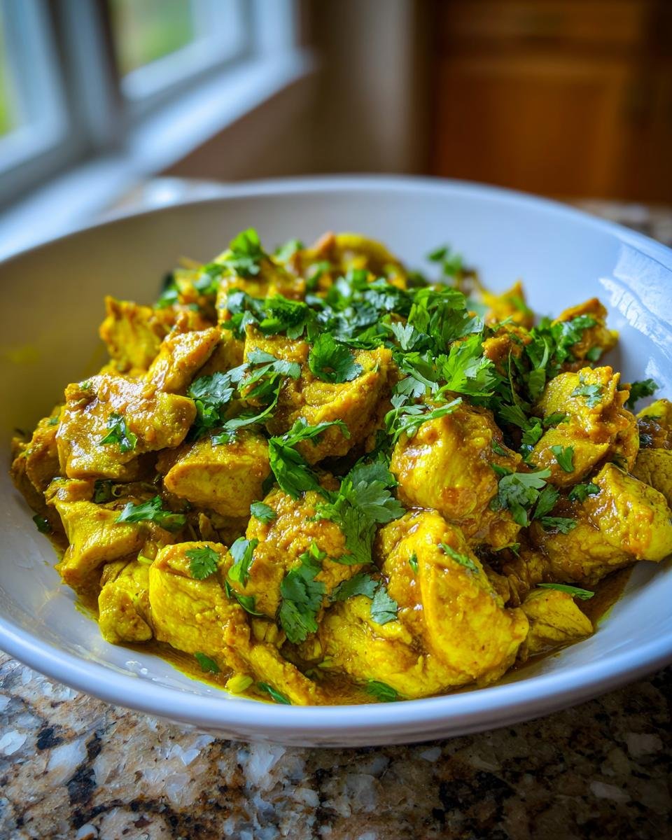 A close-up of Authentic Jamaican Curry Chicken in a white bowl, generously garnished with fresh cilantro.