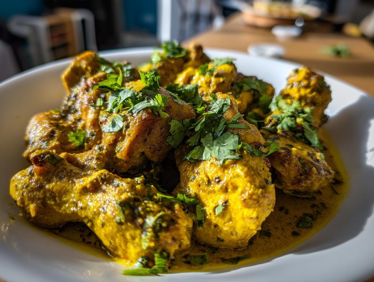 A close-up of Authentic Jamaican Curry Chicken, garnished with fresh cilantro, served in a white bowl.