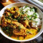 A close-up of Authentic Jamaican Curry Chicken served with fluffy white rice and garnished with fresh cilantro.