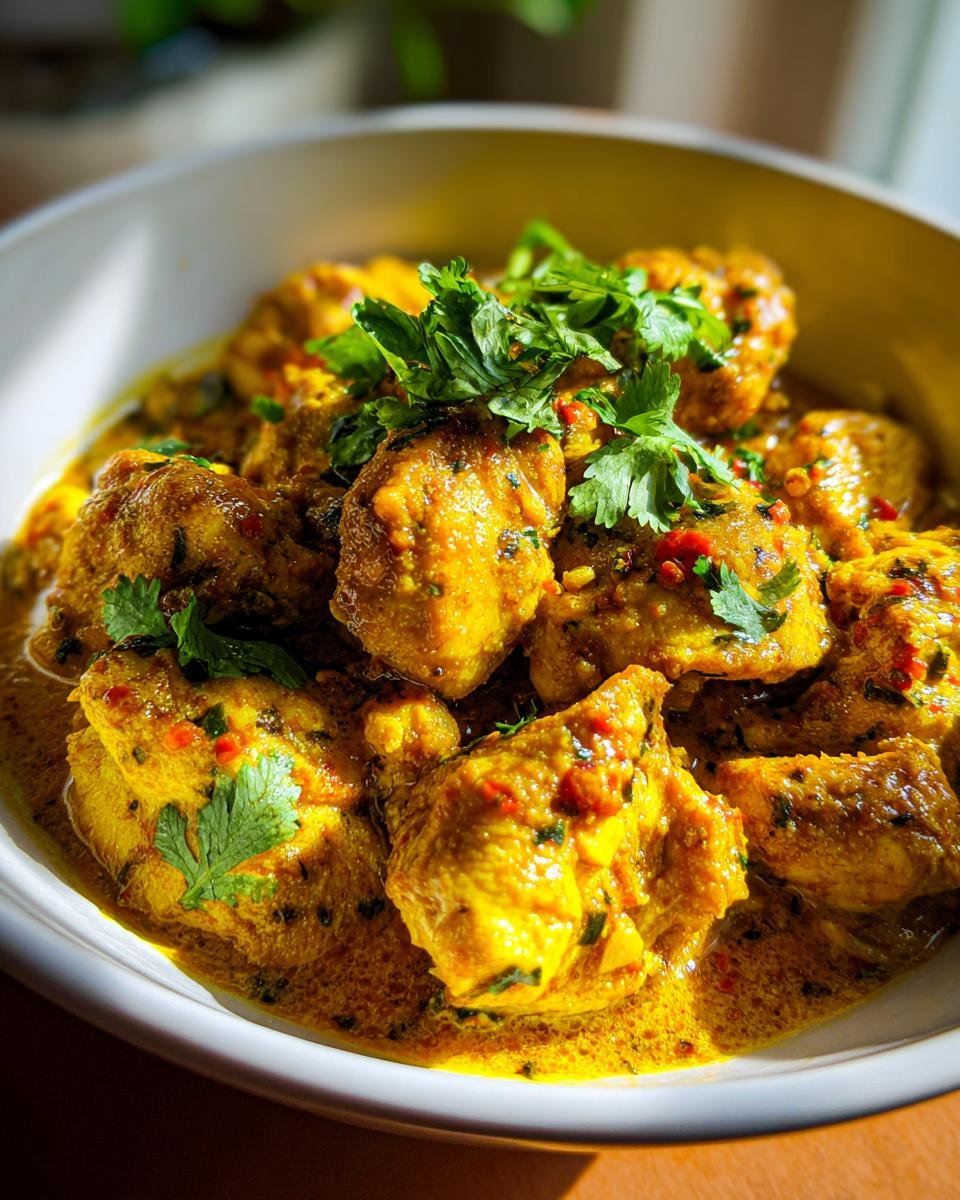 Close-up of Authentic Jamaican Curry Chicken in a white bowl, garnished with fresh cilantro.