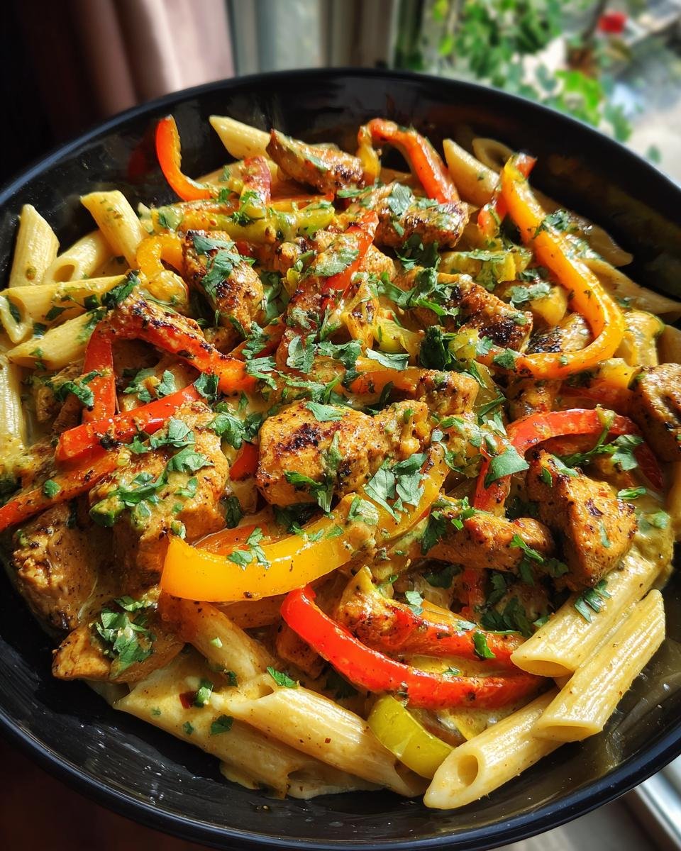 Close-up of Authentic Jerk Chicken Rasta Pasta in a black bowl, featuring penne pasta, jerk chicken pieces, and colorful bell peppers.