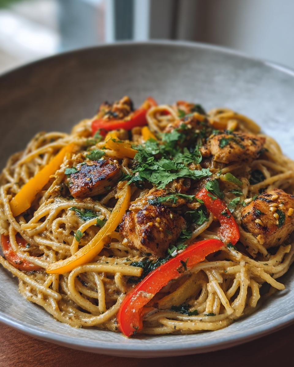 A close-up of Authentic Jerk Chicken Rasta Pasta, featuring spaghetti, jerk chicken pieces, bell peppers, and cilantro.