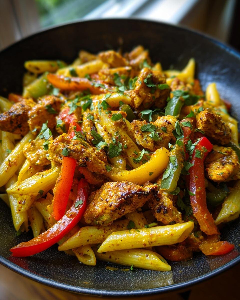 Close-up of Authentic Jerk Chicken Rasta Pasta with penne, colorful bell peppers, and herbs.