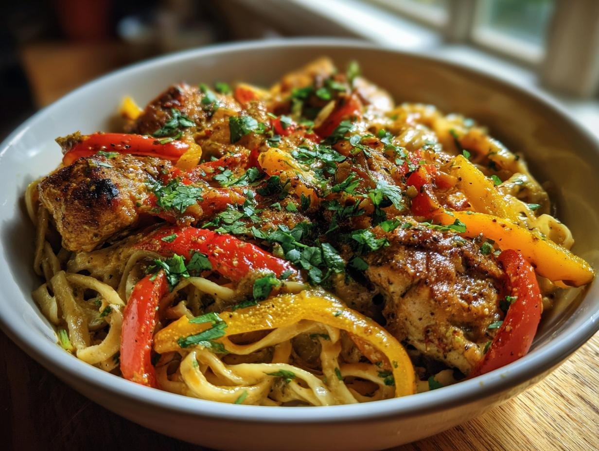 Close-up of Authentic Jerk Chicken Rasta Pasta with bell peppers and herbs in a white bowl.