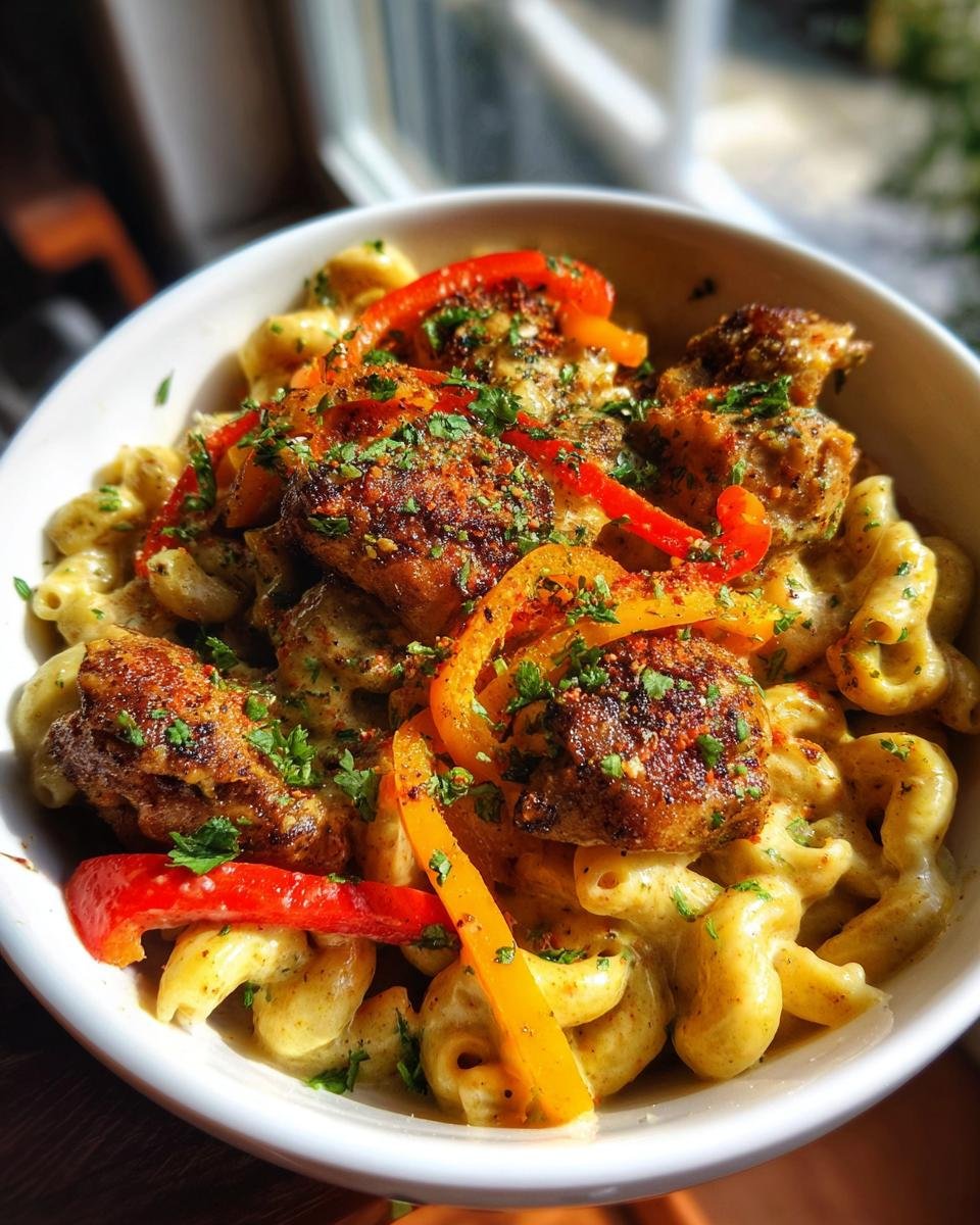 A bowl of Authentic Jerk Chicken Rasta Pasta topped with bell peppers and parsley.