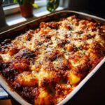 Close-up of a bubbling Baked Bolognese Gnocchi casserole, topped with melted cheese and herbs.