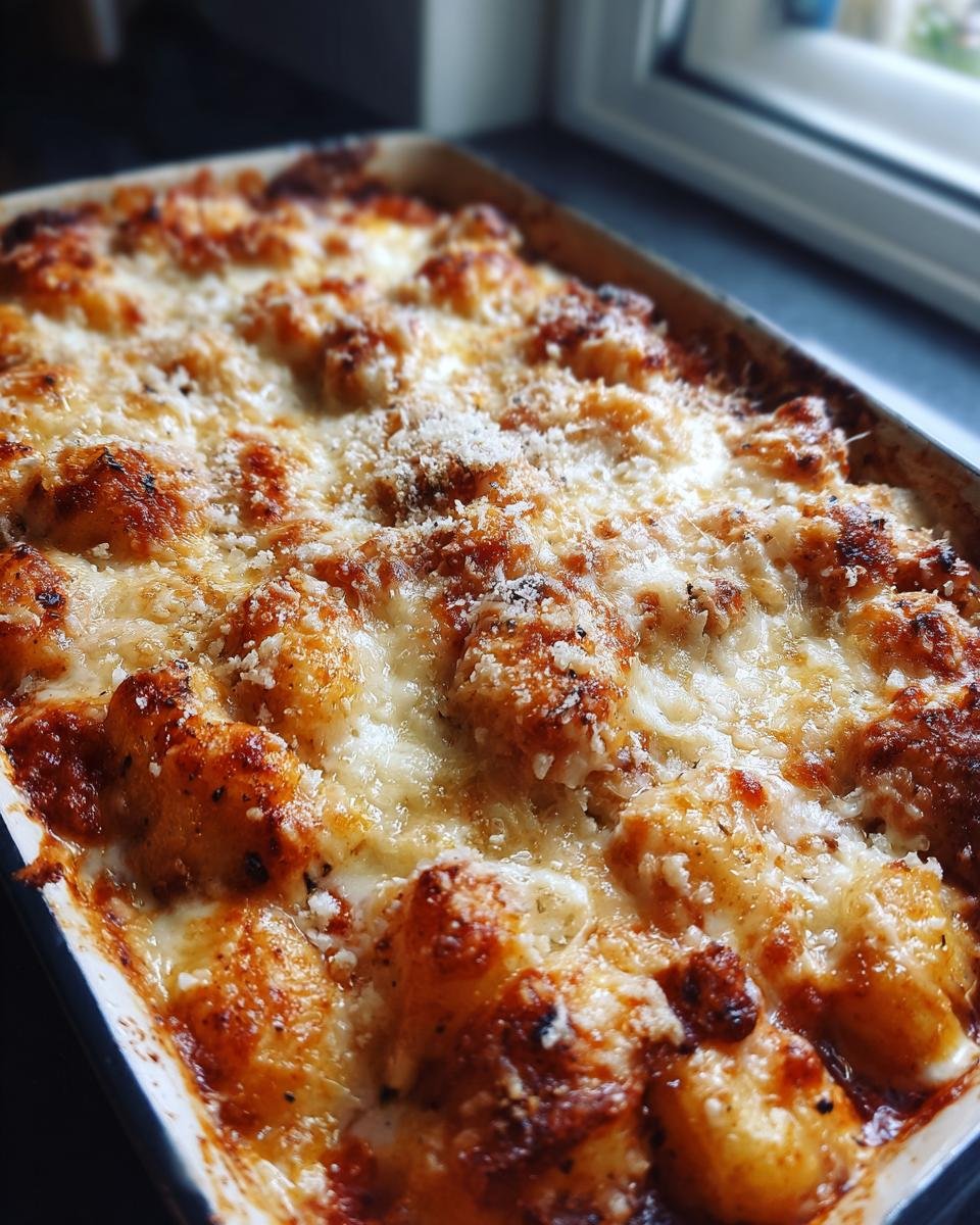 Close-up of a bubbly, golden-brown Baked Bolognese Gnocchi casserole topped with melted cheese.