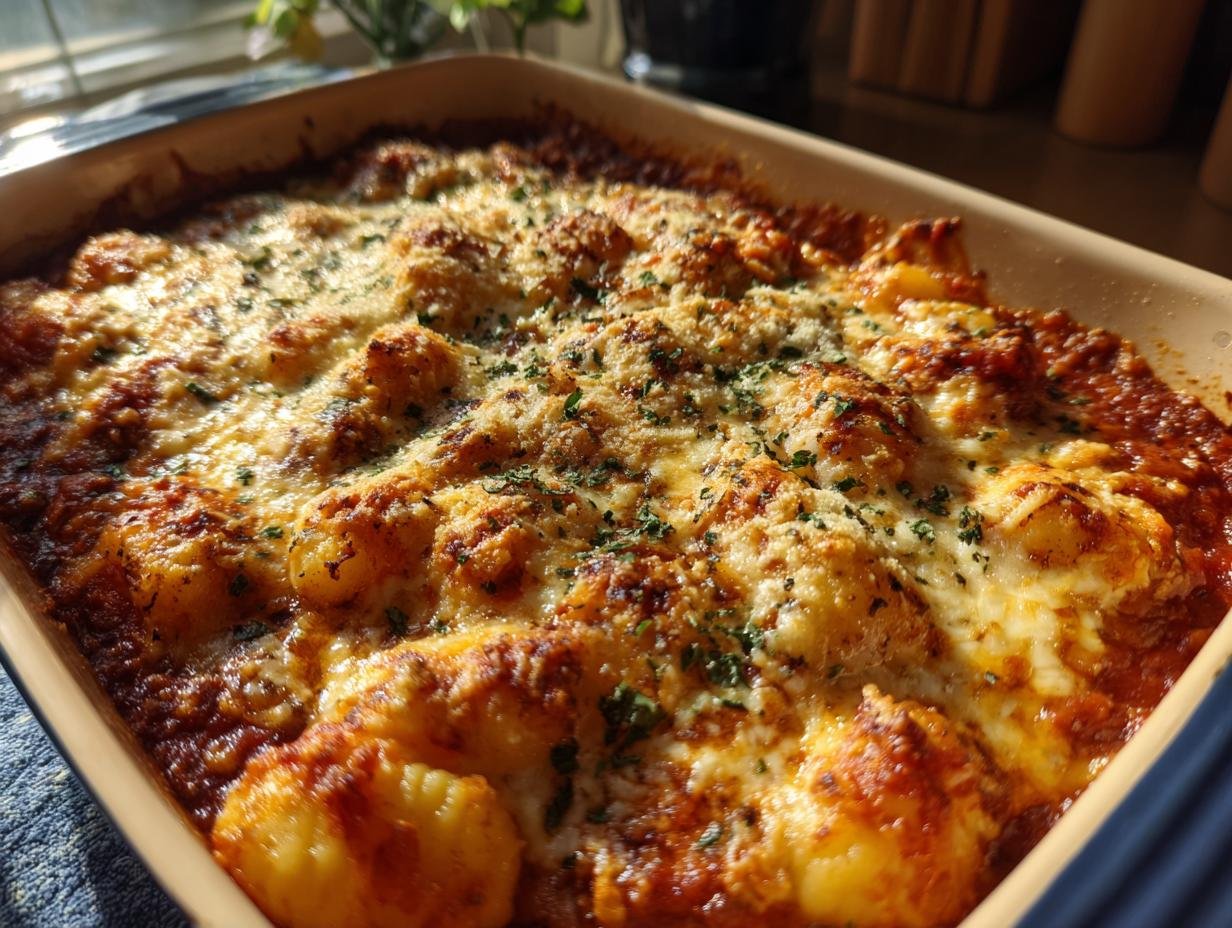 Close-up of a bubbly Baked Bolognese Gnocchi casserole, topped with melted cheese and herbs.
