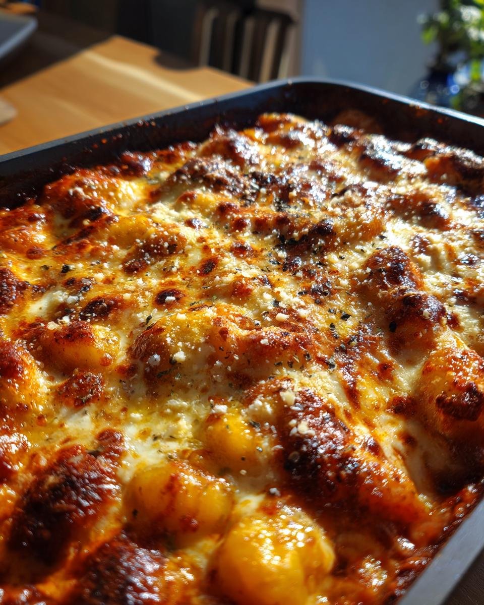 Close-up of golden-brown baked bolognese gnocchi topped with bubbly melted cheese and herbs.