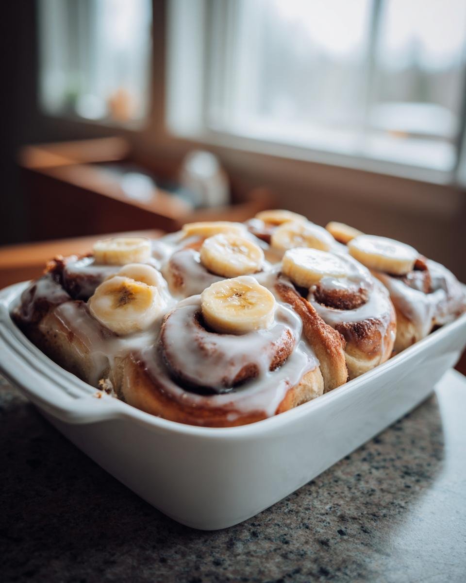 A white baking dish filled with glazed Banana Bread Cinnamon Rolls topped with fresh banana slices.